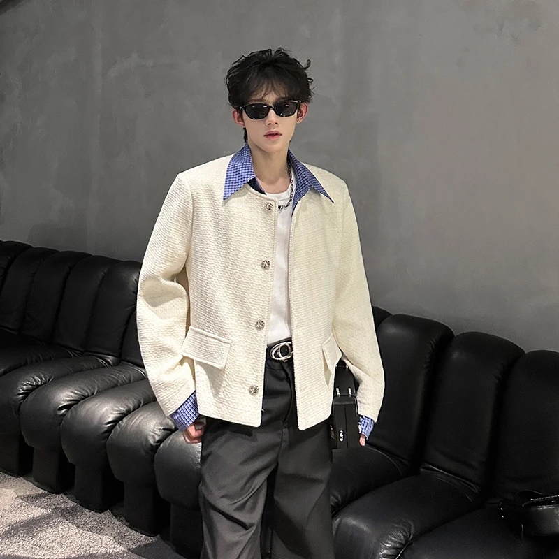 

Autumn Winter Men's Casual irt Collar Tweed Jaet Korean Sle Fake Two-Piece Stripe Design Luxury Faion Outerwear