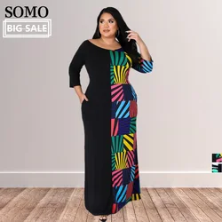 Crew Neck Plus Size Maxi Dresses Fashion Printed Casual Dress with Pockets 2022 Women Clothing Wholesale Dropshipping