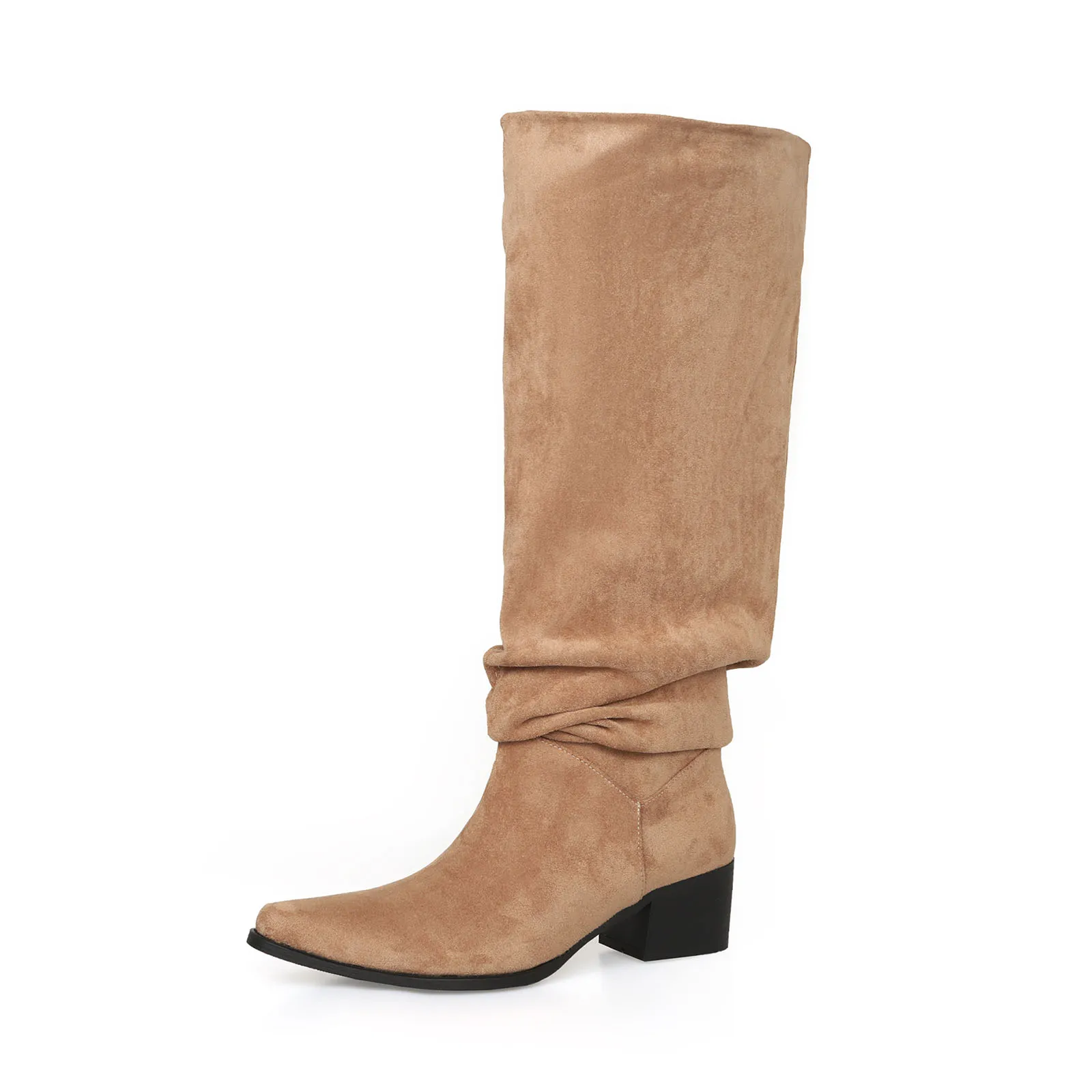 

Arden Furtado 2025 Autumn suede Large tubular boots Square toe Pleated Pull-on Middle heel Knee high boots Modern boots