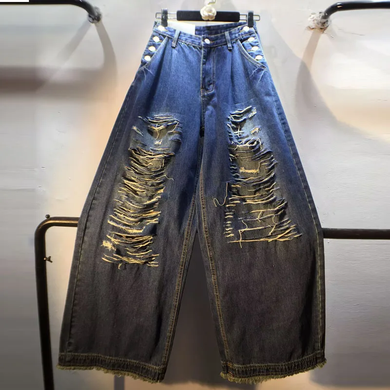 Celana Jeans Wanita Model Lurus Kaki Lebar High Waist, Bahan Faux Brushed Ripped, Musim Gugur 2025