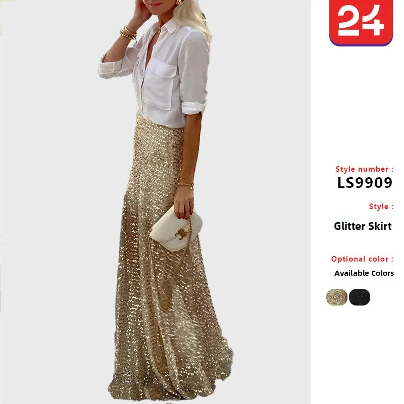 

Shiny Sequin Long Half Skirt Women's Spring Autumn Independent Station Direct Sale British Style Embroidered Midi Skirt