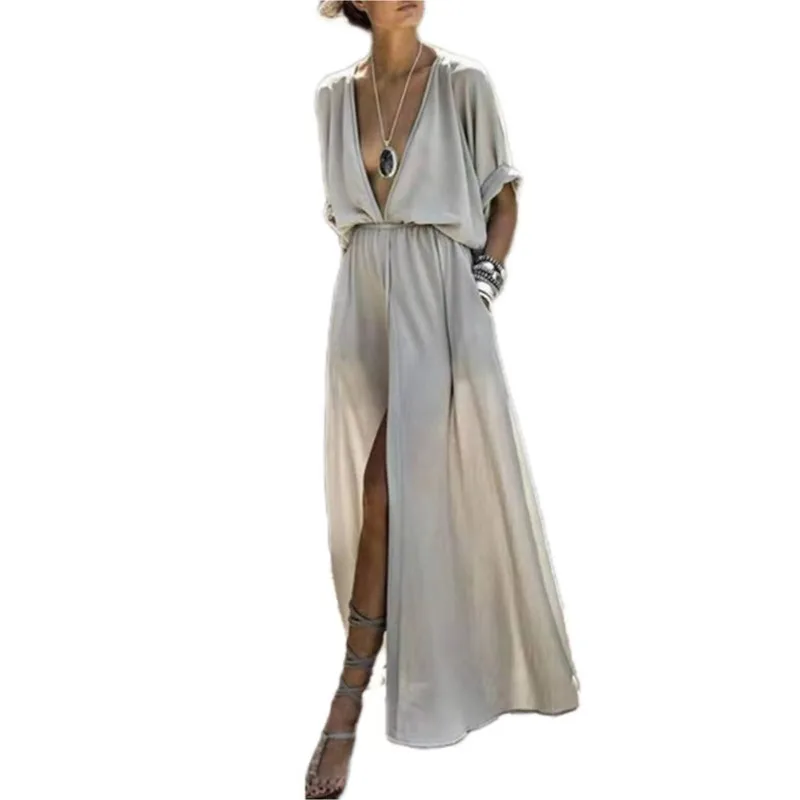 

JY Women's new with temperament, commuting style, sexy mid sleeved deep V-neckline with a slit Solid color long dress