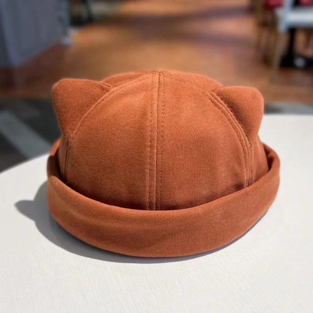 

Winter Wool Cat Ear Beanie Hat Casual Polyester Melon Skin Cap Soft Solid Color Brimless Skullies Cap Streetwear