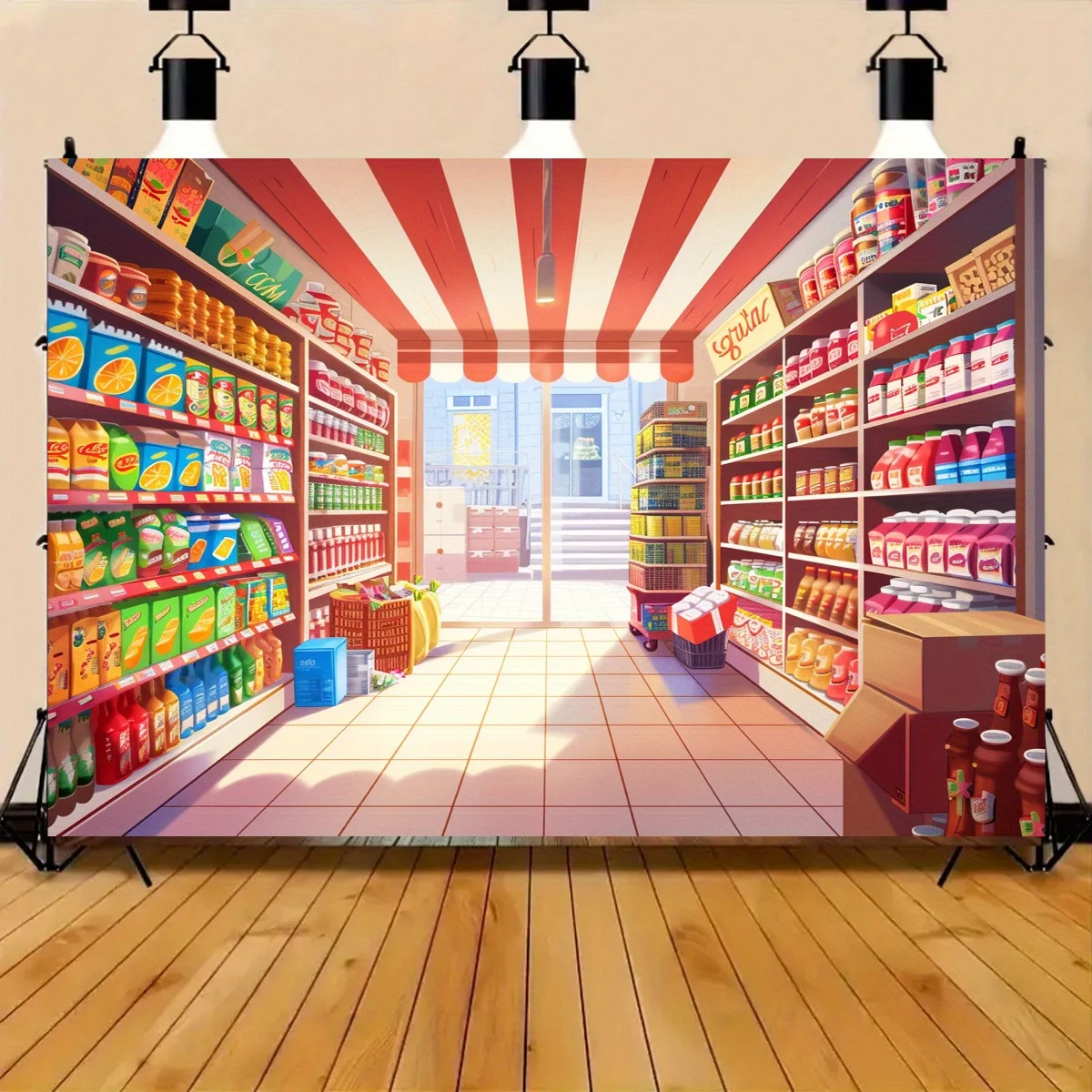 خلفية لافتة سوبر ماركت كرتونية حية - مشهد متجر بقالة ملون، دعامة استوديو للتصوير الفوتوغرافي