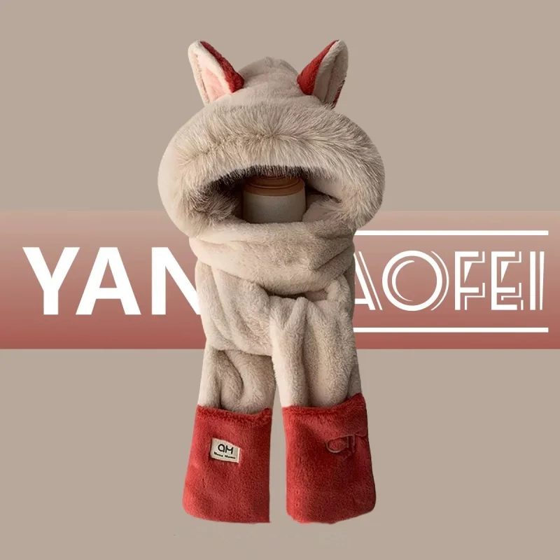 

Winter New Style Fox Ear Warm Furry Ski Scarf Gloves Hat Set for Women Thickened Three-Piece Set