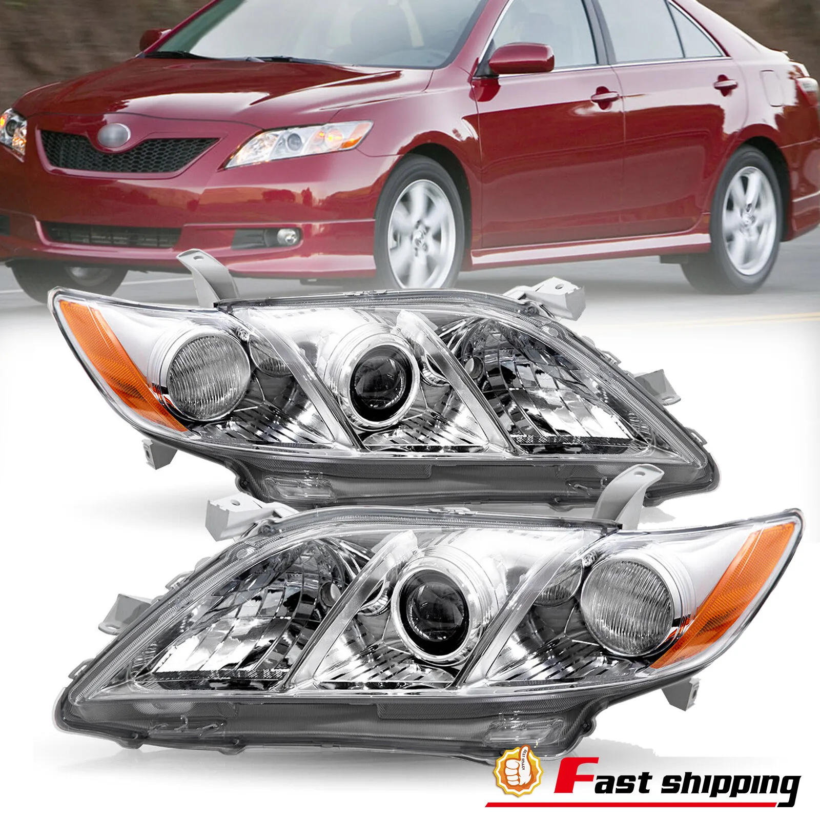 

For 2007 2008 2009 Toyota Camry Projector Chrome Headlights Amber Corner Pair