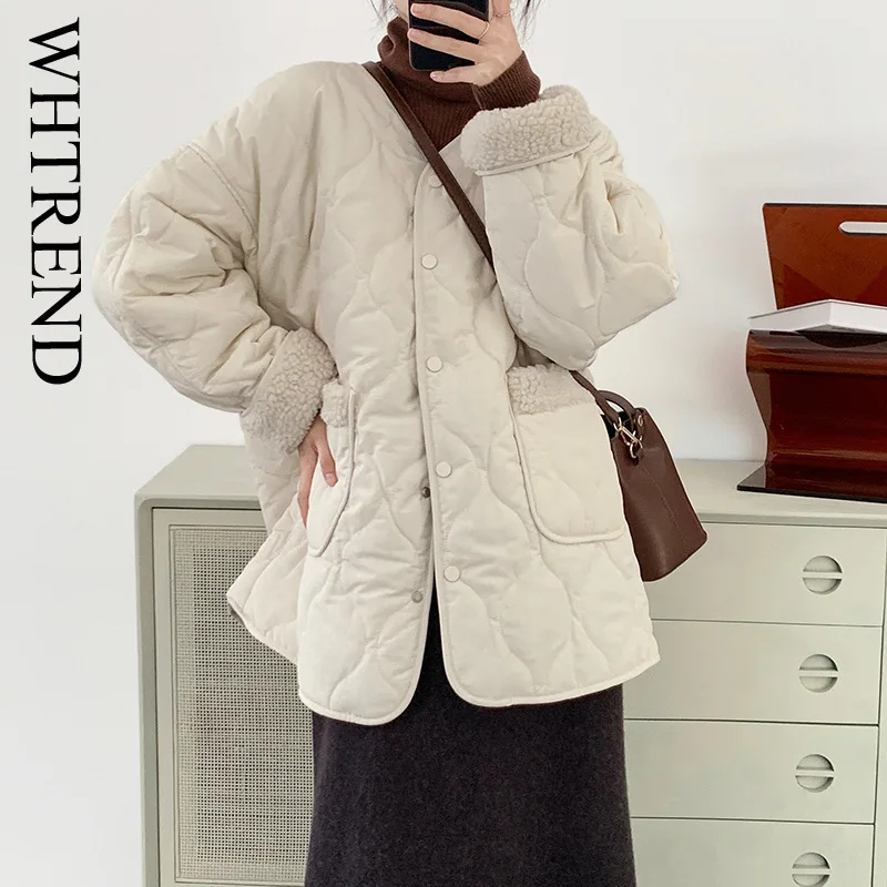 

WHTREND V-Neck Patchwork Lamb Wool Cotton Coats For Women Warm Casual Versatile Jacket Coats 2025 Winter New WH2216