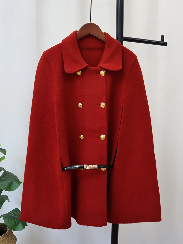 White Women Double Breasted Cape Woolen Blends Elegant Cloak Outwear Coats Vintage Overcoat 2023 Autumn Winter New X415