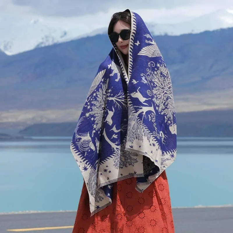 冬暖かいカシミヤスカーフ女性用リバーシブルパシュミナトラベルブランケット厚手ショールラップネッカチーフファッションブファンダエシャルプポンチョ