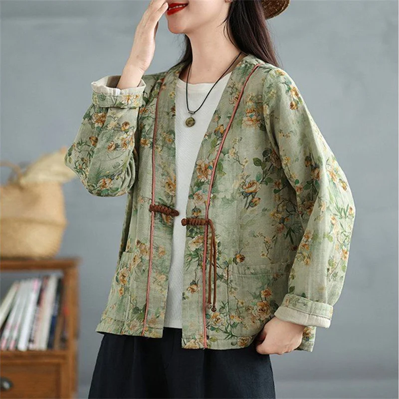 Spring Autumn Short Casual Jacket 2024 New Loose V-Neck Women's Clothes Blouse Coat Fashion Chinoiserie Printing Female Outeawer