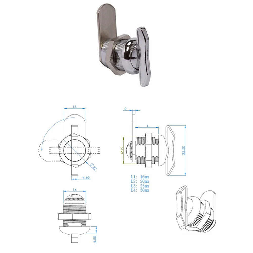 Keyless Cam Lock for Mailbox Cabinet Drawer Zinc Alloy Thumb Knob Lock with 4 Adjustable Locking Plates 16mm 20mm 25mm 30mm