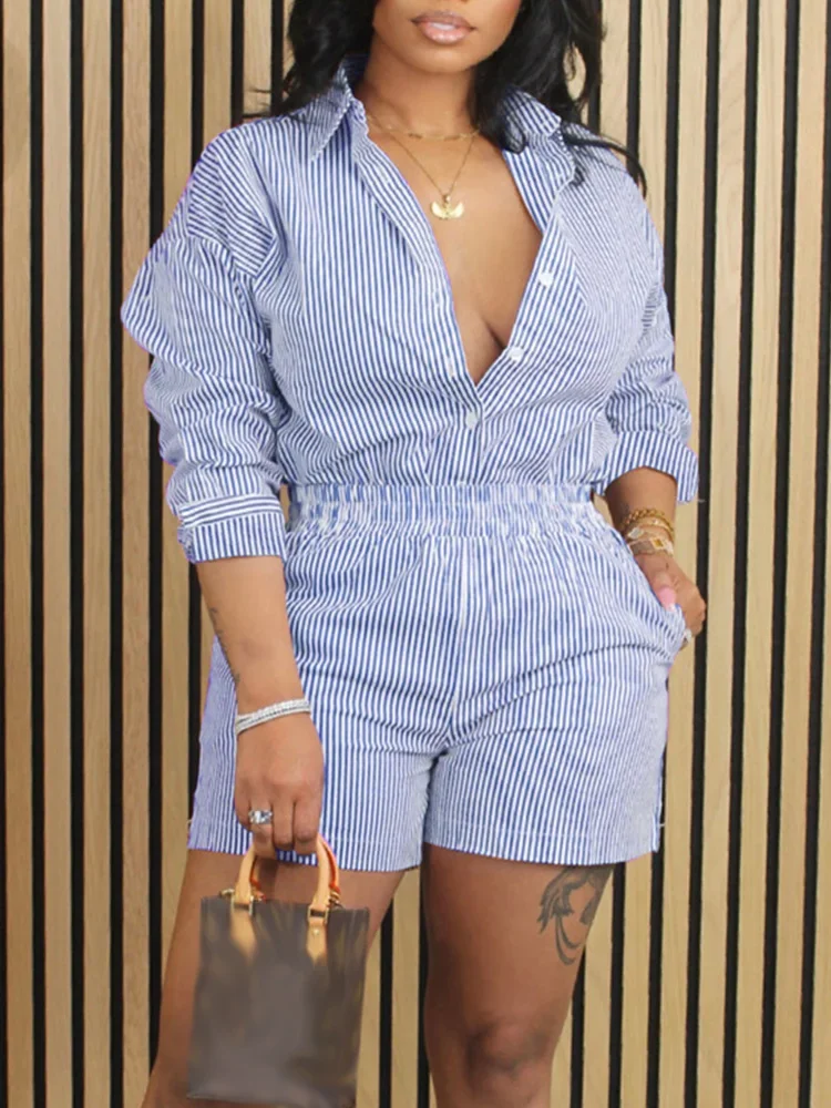 Stripes Print Buttoned Shirt Tops & Pocket Shorts Set Summer Casual Women Two Piece Set Outfits