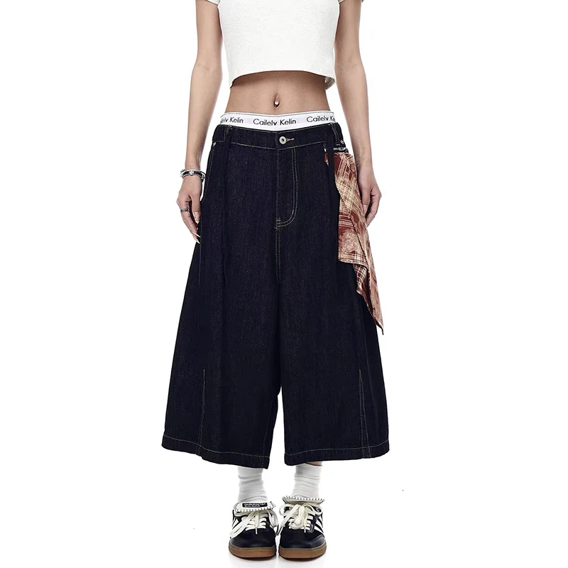 ZHIZOU ฤดูร้อนผู้หญิง Grunge Harajuku Y2k กางเกงยีนส์กางเกงขาสั้น 2000s ญี่ปุ่น Low Rise Jorts Jean กางเกง Cyber Punk Hip-pop หลวมสบายๆ