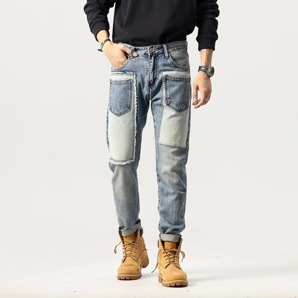 2024Autumn Men's Ripped Jeans Fashion Splicing Retro Slim-Fit Pants Hip Hop Clothing Waist Paste Cloth y2k Streetwear Men Jeans