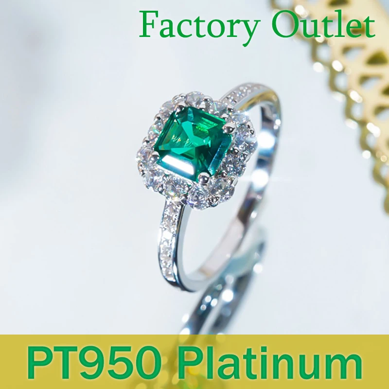 

Customize Real Platinum PT950 Ring Lady Engagement Anniversary Wedding Ring Rectangle Emerald Moissanite Diamond Woman Gift