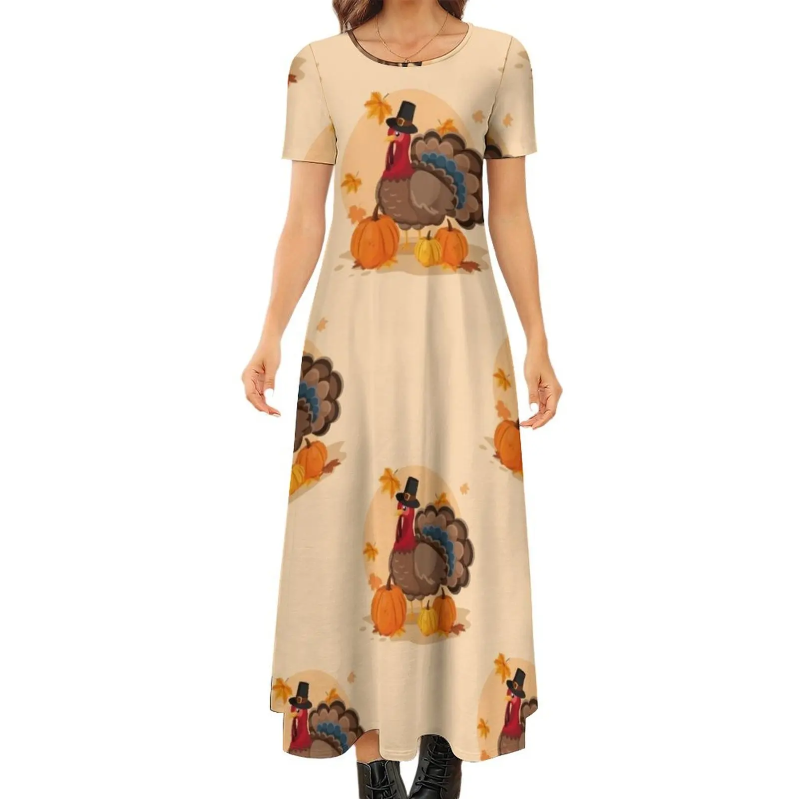 

happy thanksgiving pilgrim turkey Round Neck Short Sleeve Dress Casual dresses evening dress Prom gown