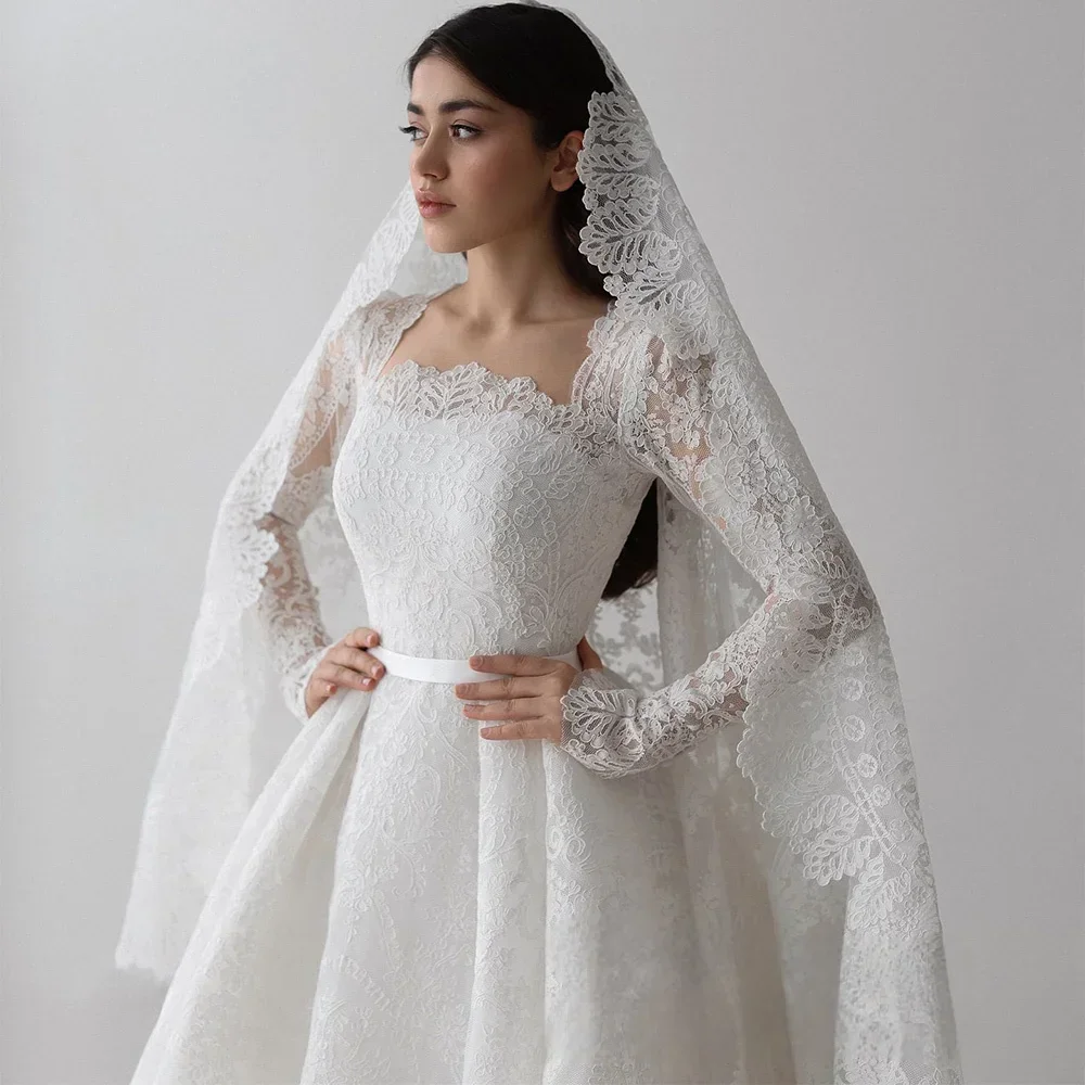 Precioso Vestido De novia De encaje De manga larga para novia, Vestido De novia con cola desmontable y cuello cuadrado, Vestido De novia personalizado