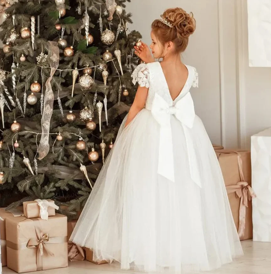 

Flower Girl Dresses Tulle Lace First Communion Dresses with Cap Sleeves Princess Wedding Dresses Pageant Gown