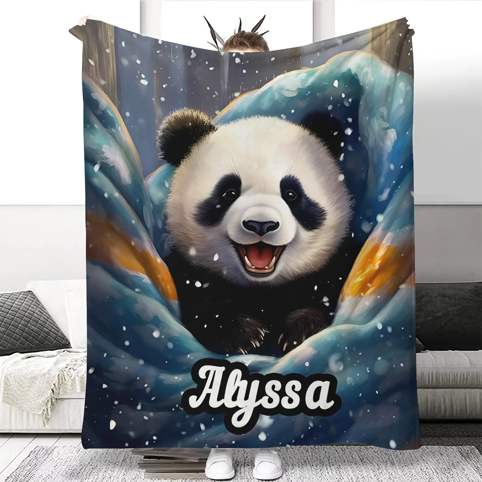 

1pc Custom-made cute panda printed soft sofa bed blanket, comfortable all season, suitable for travel, picnics and home use