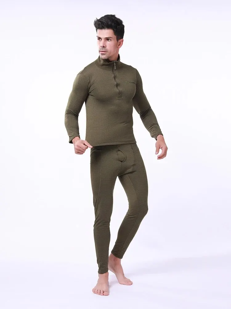 Men Checkered Fleece Tactical Training Thermal Sets Elastic Underwear Outdoor Cycling Suit Quick Dry Clothes Fitness Tracksuits