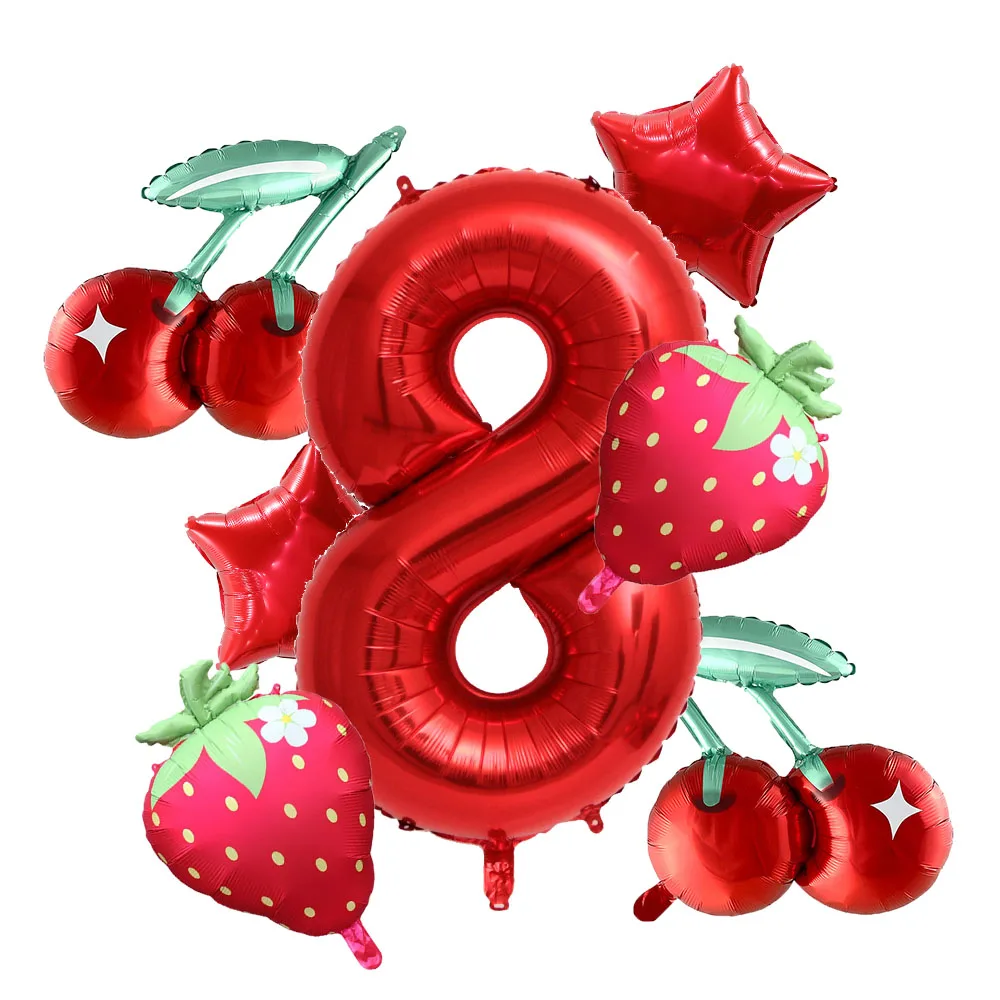 7 قطع الفراولة الكرز حزب بالون رقمي 1-9 بالون مجموعة الفاكهة الحلوة الاطفال عيد ميلاد فتاة الزفاف استحمام الطفل حزب الديكور