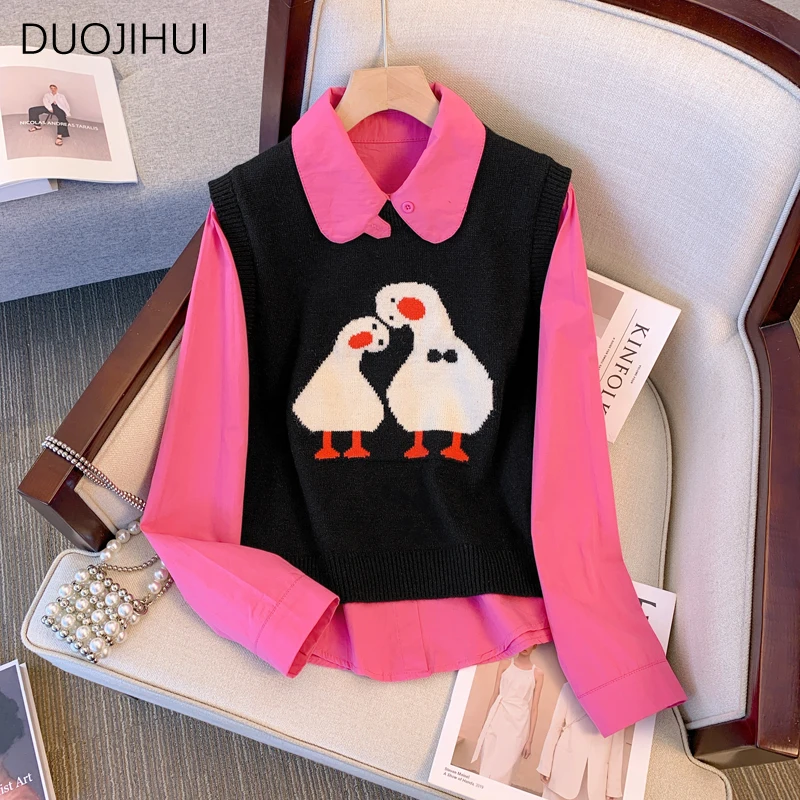 

DUOJIHUI Two Piece Autumn Sweet Loose Women Shirt Chic Knitted Sweater Vest Basic Long Sleeve Fashion Simple Casual Female Shirt