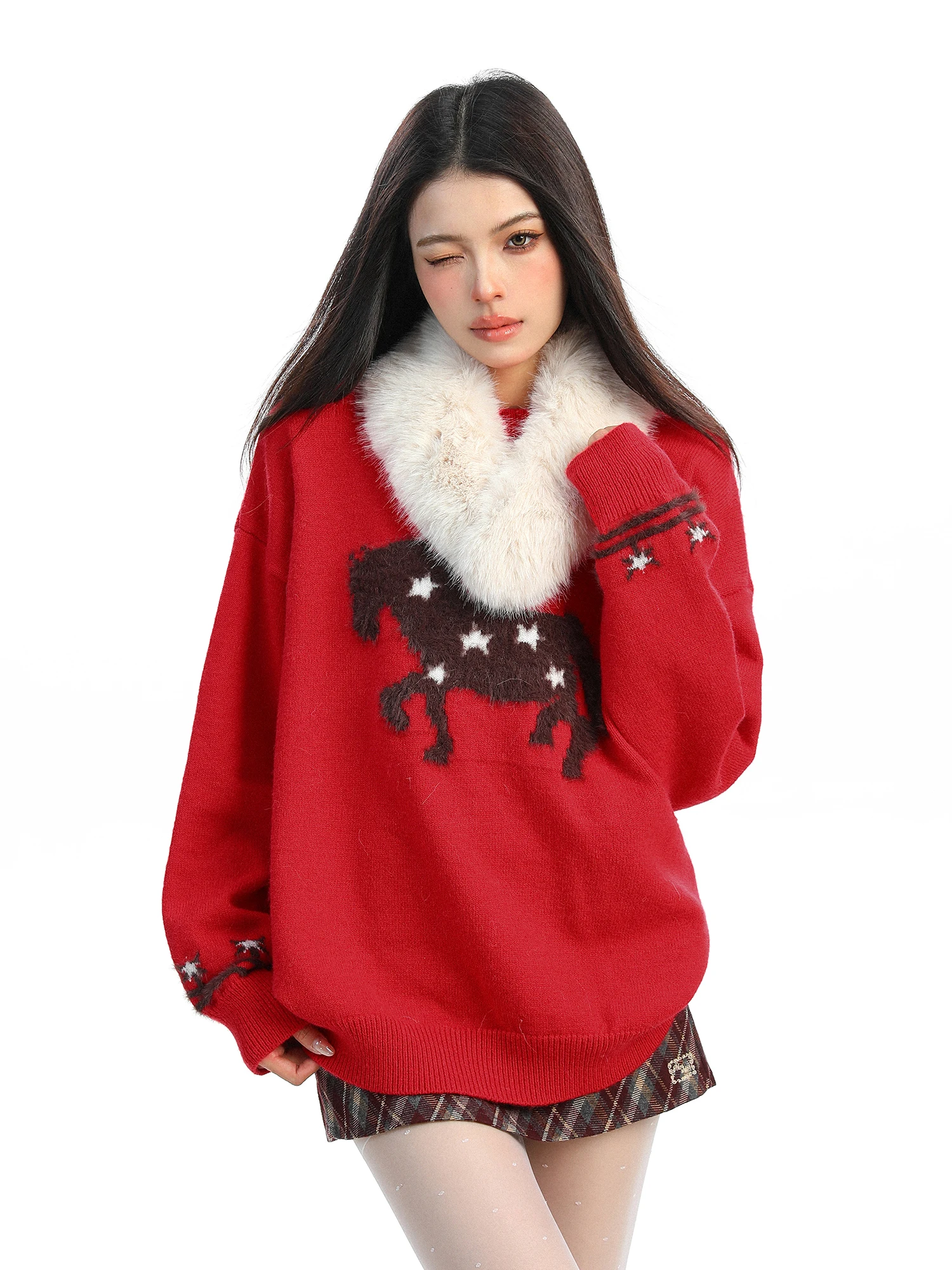 

Red Sweater Women's Loose Fit Autumn Winter Casual Sle Faux Fur Collar Removable Biggold Year Aosphere Feeling Top