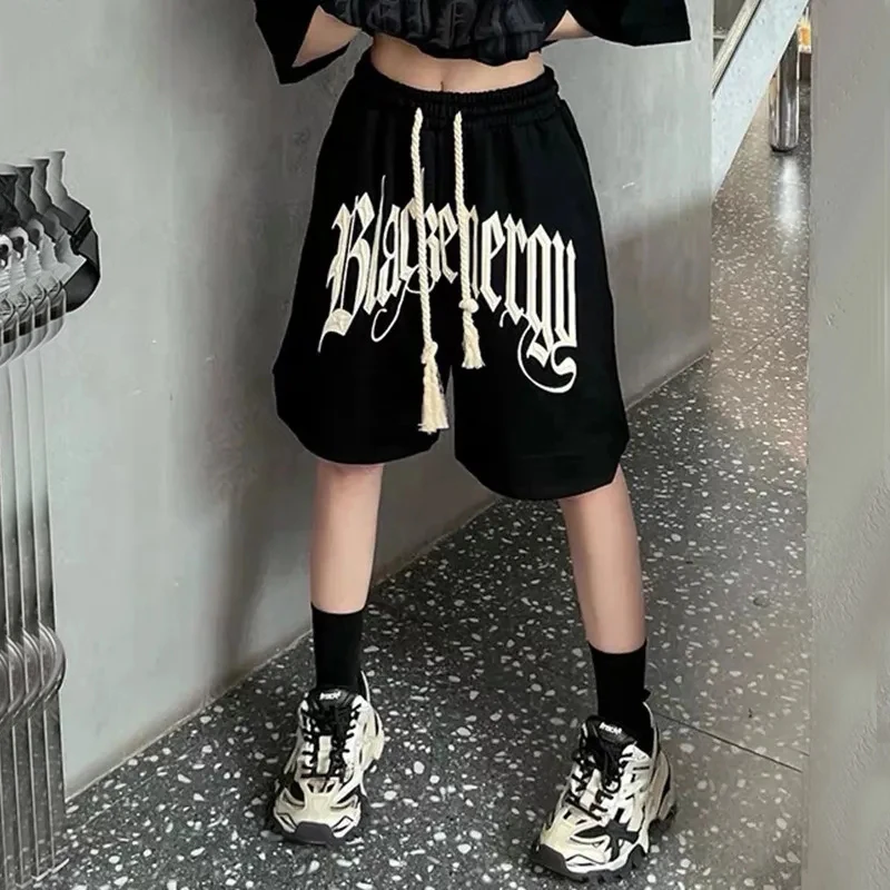 

Y2K Bf Drawstring Printing Shorts Women Fashion American Style Streetwear Sports Shorts Hip Hop Loose Casual Wide Leg Shorts