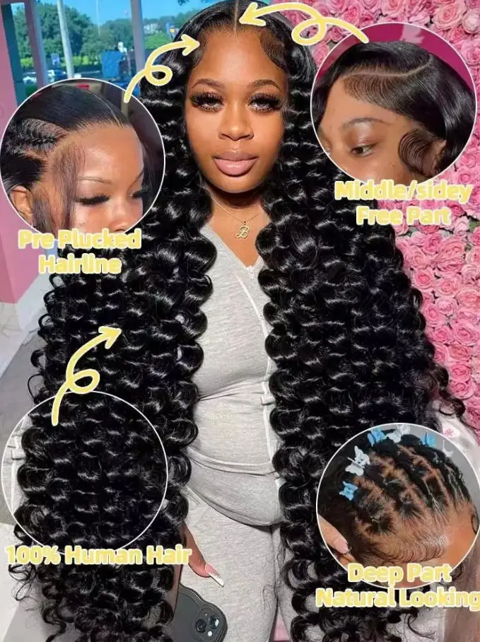 42 Inch Deep Wave Virgin Human Hair Wig Natural Black 13x4 13x6 HD Transparent Lace Pre Plucked Baby Hair
