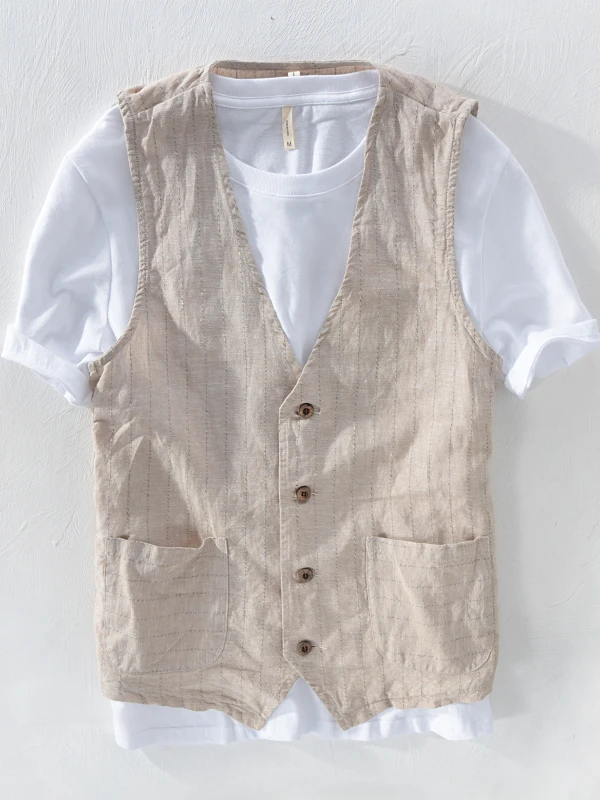 

Japanese Sle Linen Striped Jaet Men's Casual Thin Loose Linen Vest Summer Youth Outerwear ort Sve Vest