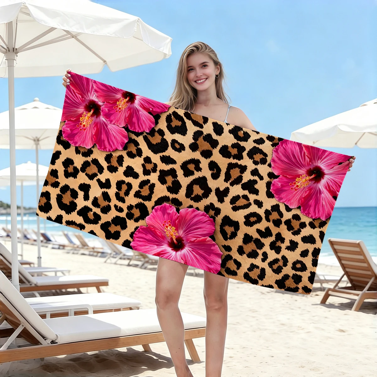 1pc leopard print paired with Fusang flower beach towel, ultra-fine fiber anti sand beach blanket, multifunctional bath towel,