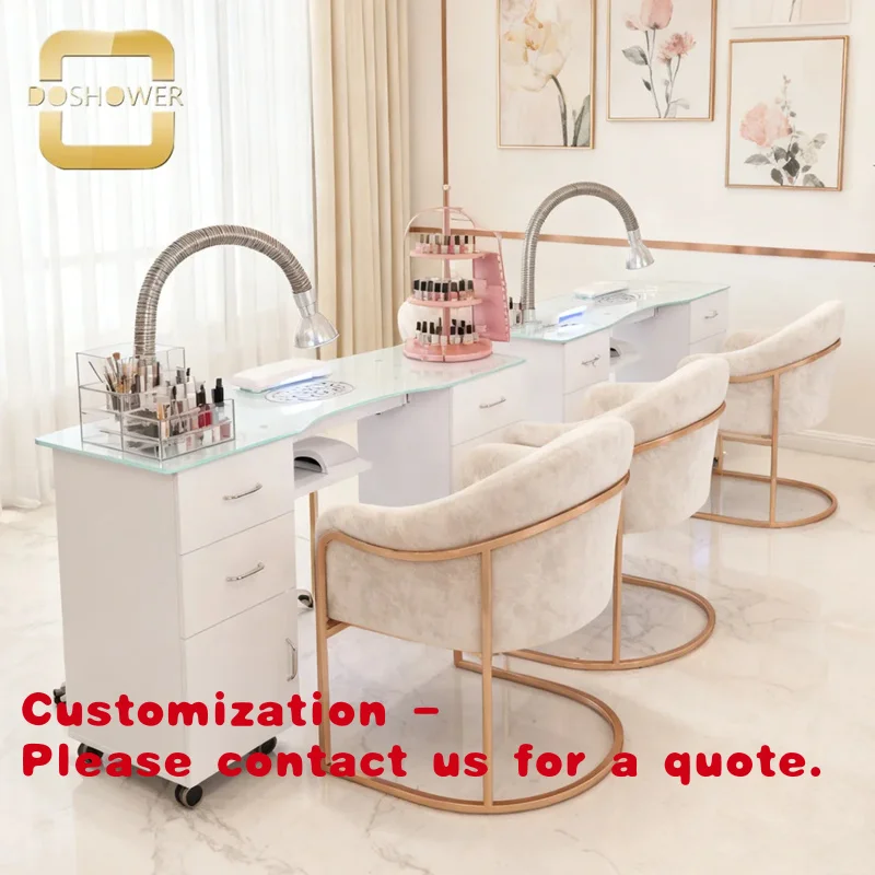 

Customize.Professional Nail Desk of Customized Manicure Table with Frosted Glass Top White Manicure Station Nail Technicians
