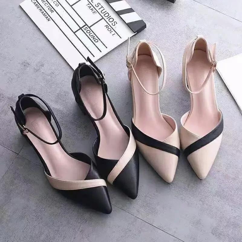 Mix kolorów Med Heels Pumps Women Pointed Toe Ankle Strap High Heels Shoes Woman Pu Leather Patchwork Office Shoes Female