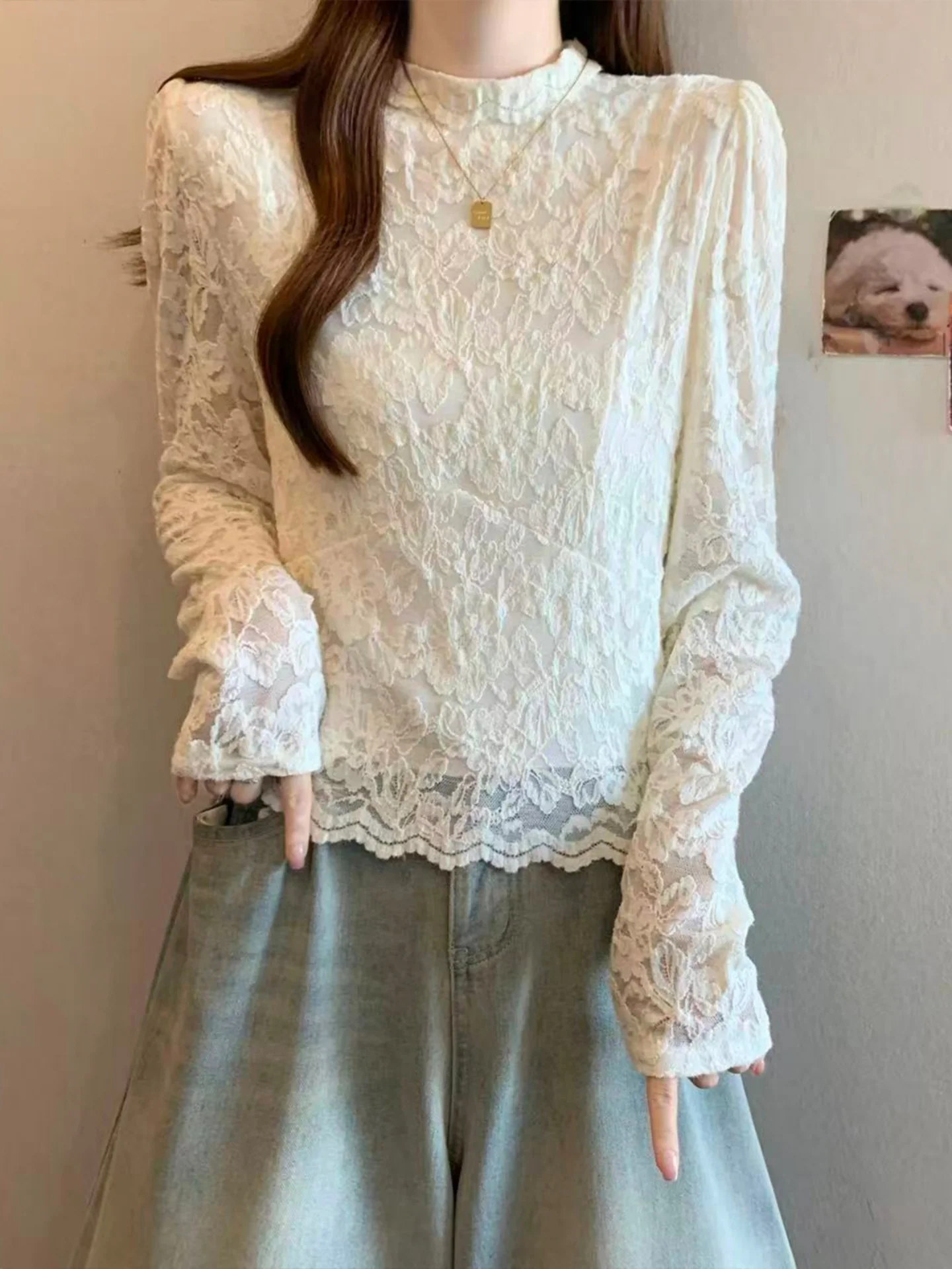 

Облегающий длинный топ с кружевом для женщин, осенне-зимний, больших размеров, базовый, в корейском стиле, для повседневной носки, с ажурным дизайном