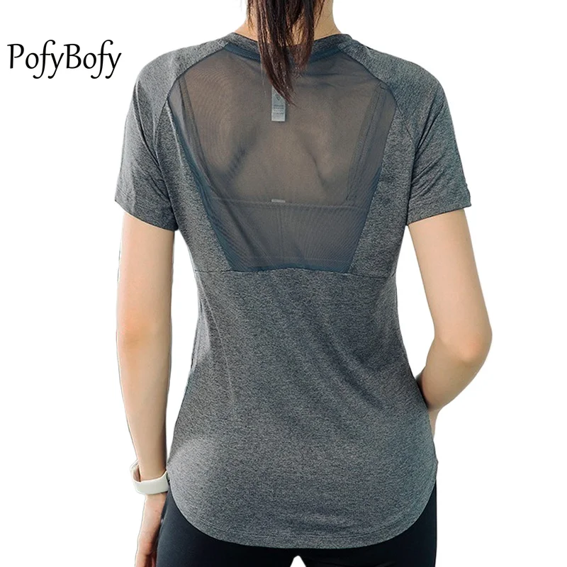 PofyBofy Mesh Splicing Crew Neck Slimming Fit Elastic Breathable Short Sleeve Yoga Shirt Women Fitness Pilates Running Sportwear