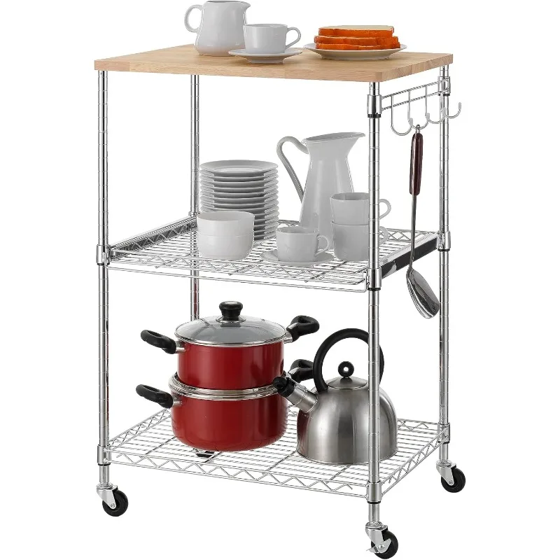 3-Tier Rolling Kitchen Cart, Microwave Cart with Oak Wood Tabletop and Drawer Slider, Coffee Cart & Food Service Cart w