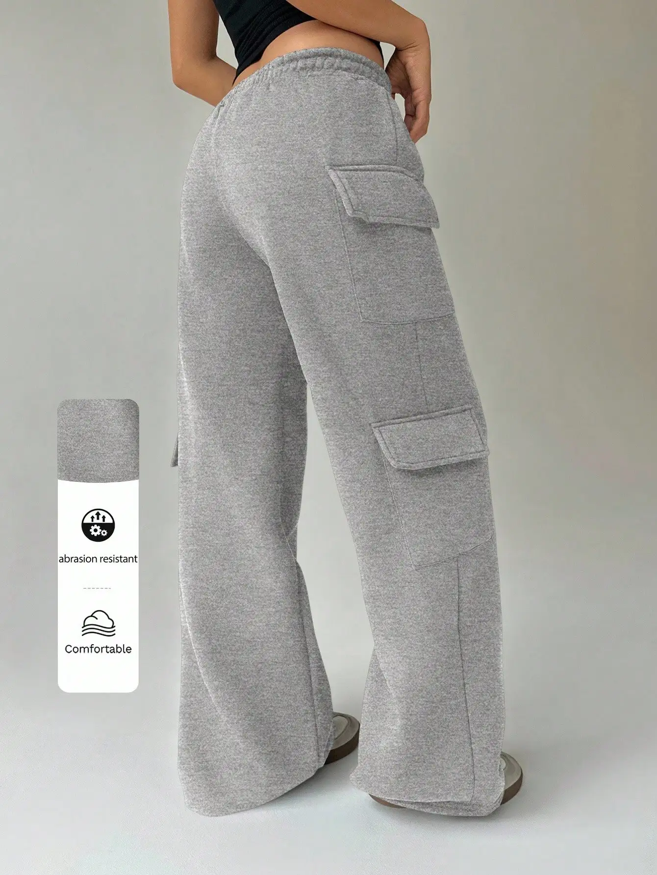 

Women's Grey Low-Waist Drawstring Cargo Pants Loose Straight Leg Casual Sweatpants