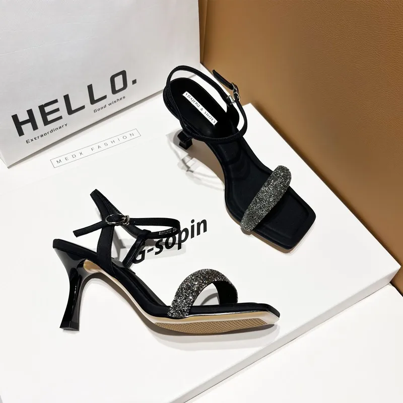 Square Toe Thin Heeled Sandals Women Summer 2024 Fashion Rhinestone Letter Design Pumps Women Cross Strap Black High Heels