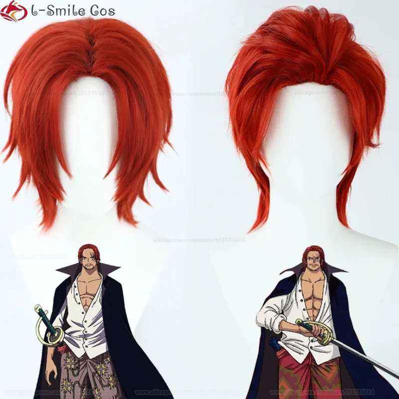 qq38Anime Short Red Men Cosplay Shanks Heat Resistant Syntheti Hair Halloween Party Wigs + Wig Cap