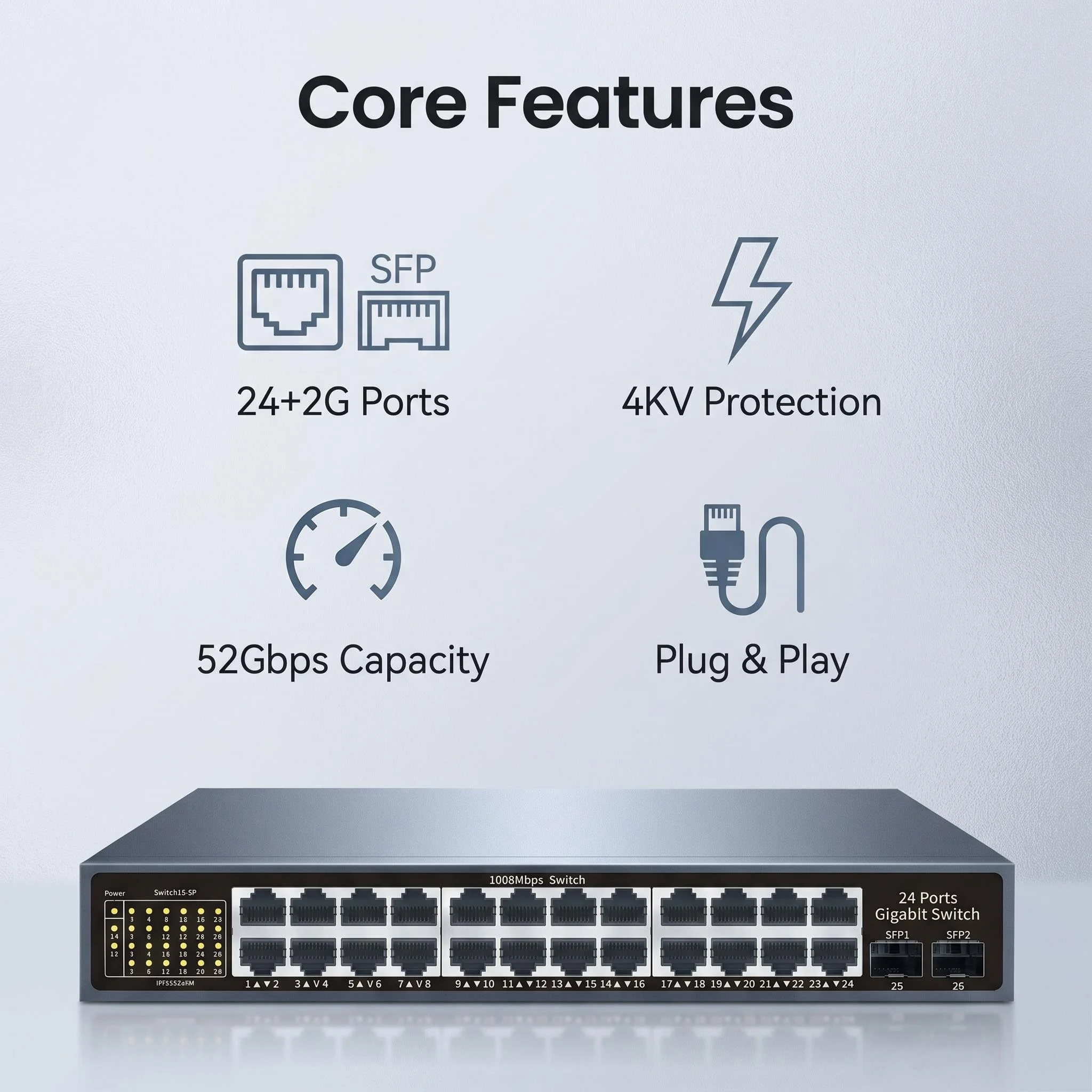 24 Port Gigabit Non-Managed Network Switch 2 SFP Ports 52Gbps Bandwidth 4KV Lightning Protection Plug and Play