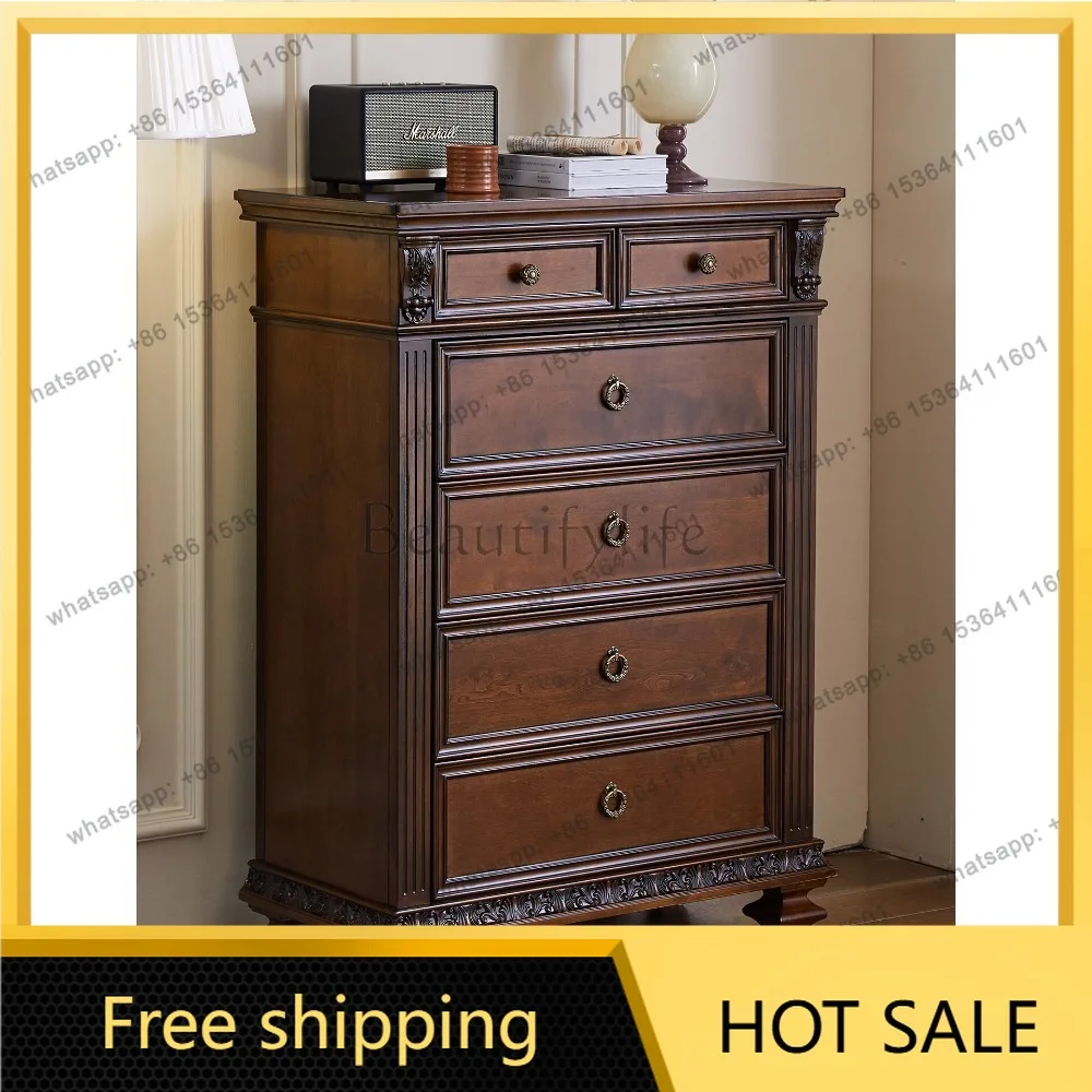 Hot American pure solid wood carving flower living room side cabinet drawer bedside cabinet