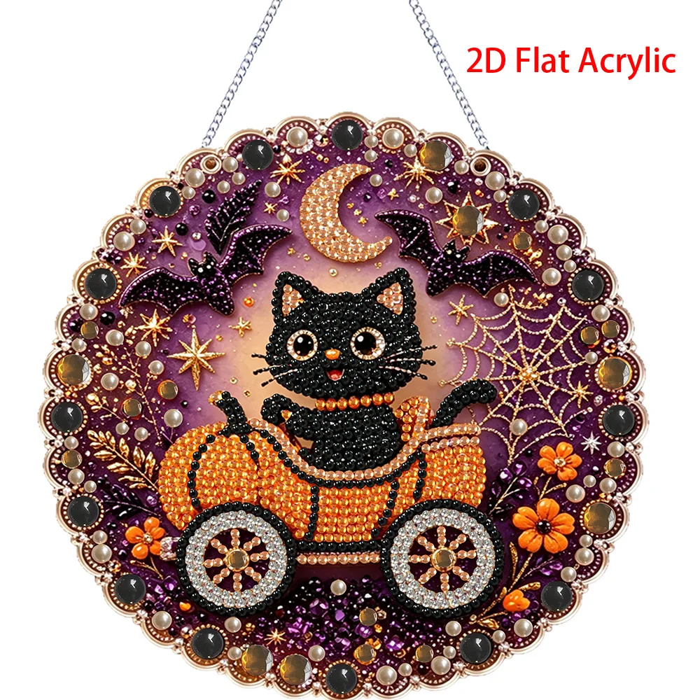 2D flat diamond painting kit Halloween pattern acrylic pendant, 3D mixed size pearl crafts, holiday window and wall decorations,