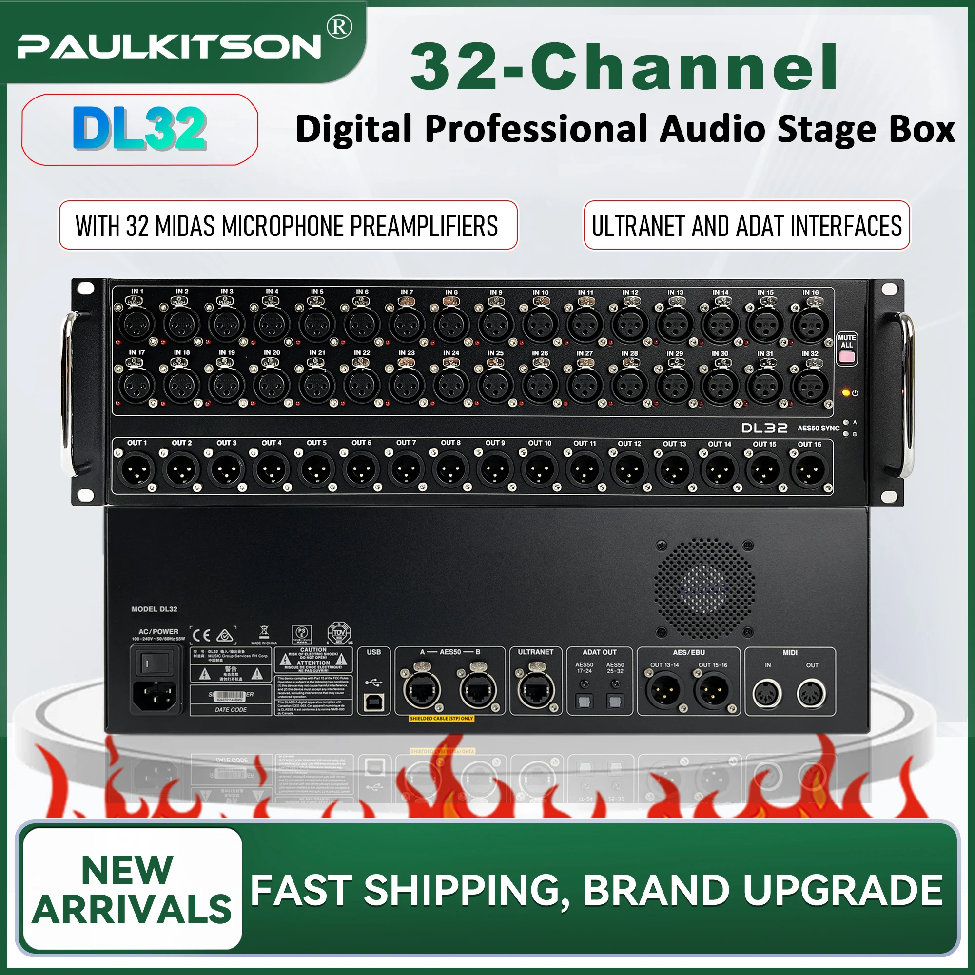 Paulkitson DL32 Digital Professional Audio Stage Box 32 In 16 Out 32 MIDAS Mic Preamps ULTRANET & ADAT Interfaces for Live Stage