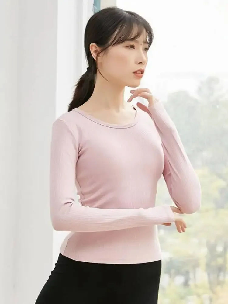 ถักสีทึบคอลูกเรือแขนยาว SLIM FIT Dance TOP สําหรับผู้หญิง,บัลเล่ต์ฝึกหรือ STAGE Performance Wear