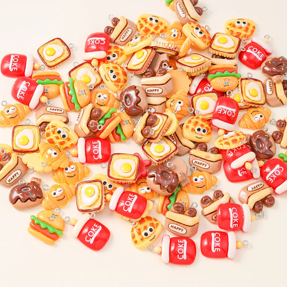 10 Uds. De colgantes de resina con bonitos dibujos variados de Donuts, croissants, hamburguesas, abalorios de Cola para juguetes para niños, colgantes de comida de imitación