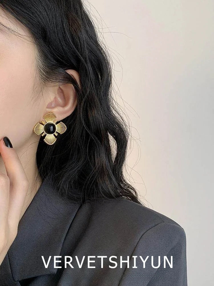 original-iyun-s925-silver-needle-hollow-flower-earrings-bla-agate-jewelry-faionable-vintage-heavy-made-ear-jewelry