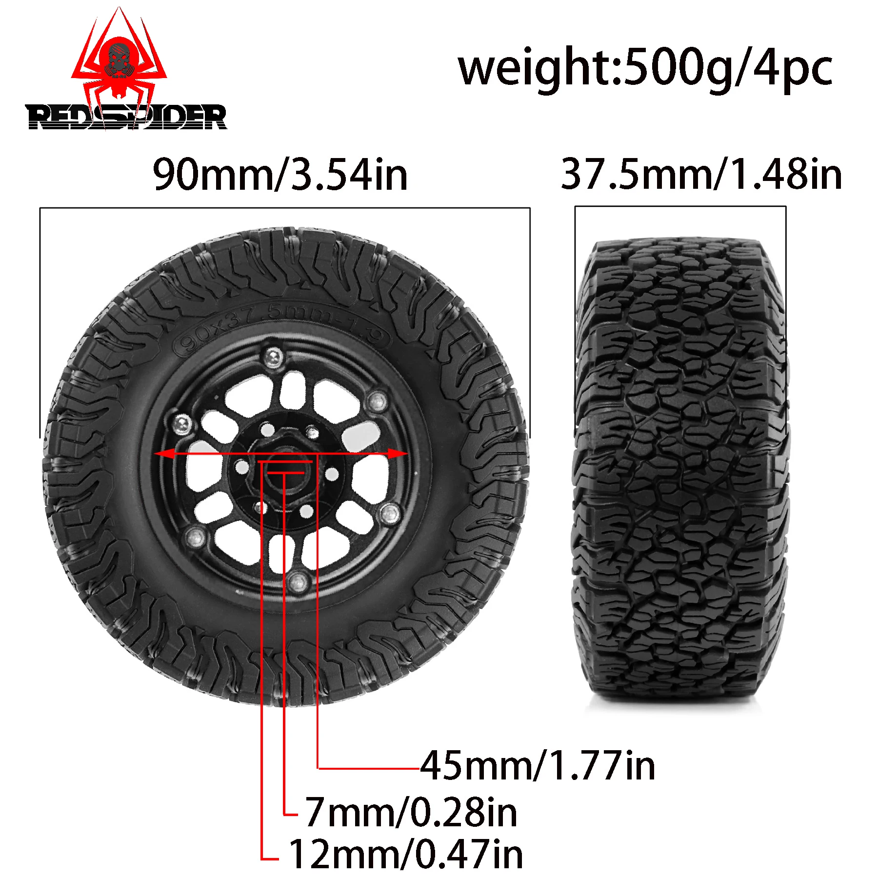 RED SPIDER 4Pcs 1.9 90mm RC Tires &  Metal Wheels Upgrade Parts Compatible With 1/10 Scale RC Crawler TF2 MST CFX JEEP SCX10 II