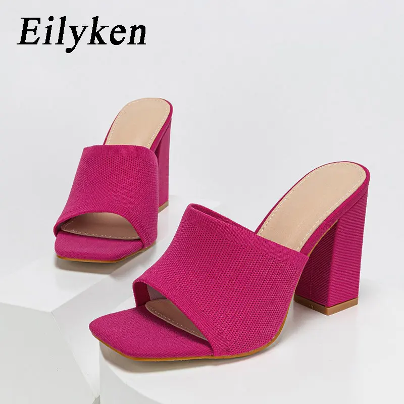 Eilyken Plus 35-42 Stretch Fabric Women Slippers Fashion Square Toe Mule Slides Shoes 2024 Summer Female Sandals