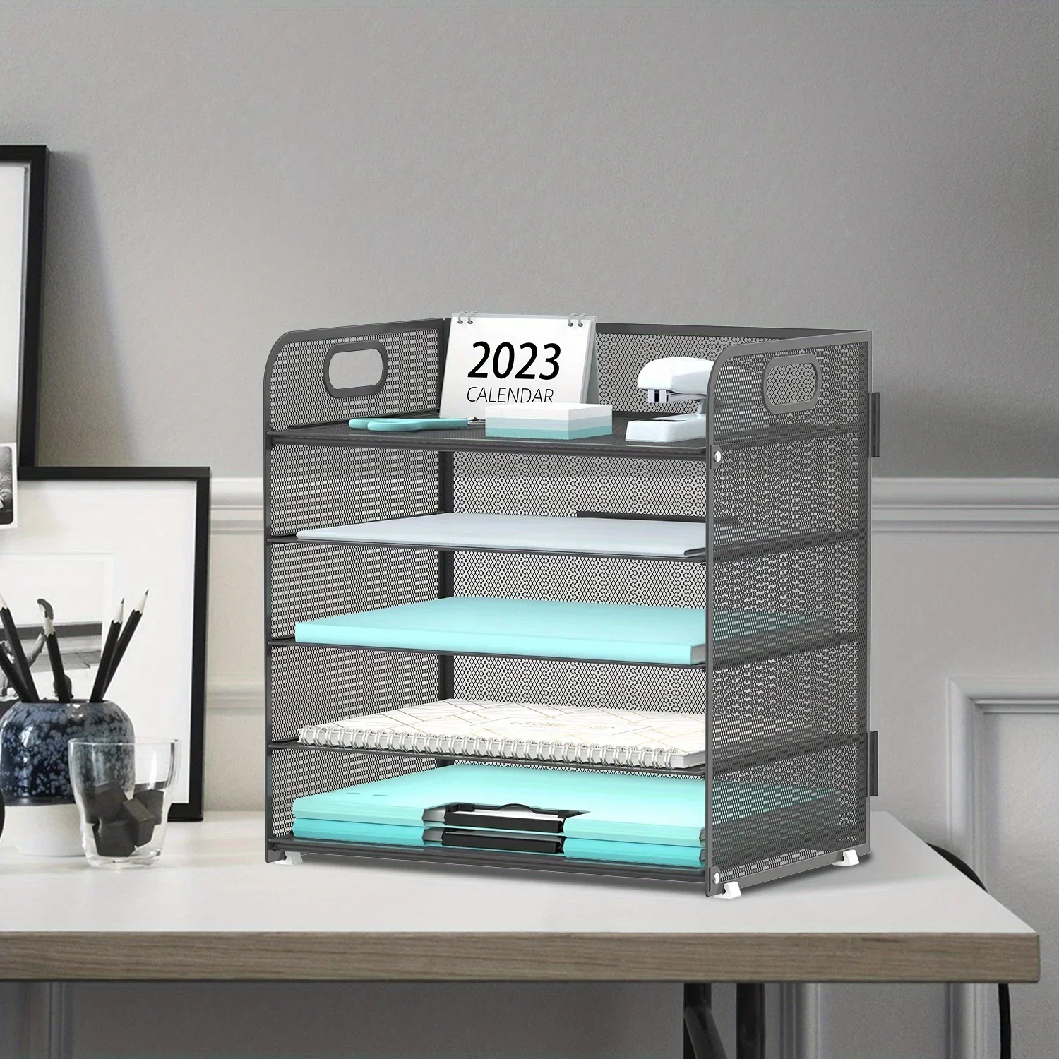 5 Tier Paper Organizer, Mesh Desktop Paper Alphabet Tray Organizer with Handles, Paper Sorter