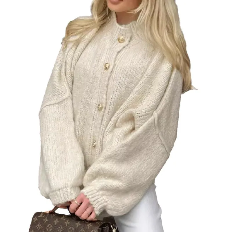 

2025Hot-Selling Autumn Winter Plus Size Solid Color Knitted Cardigan Round Neck Casual Loose Thick Sweater